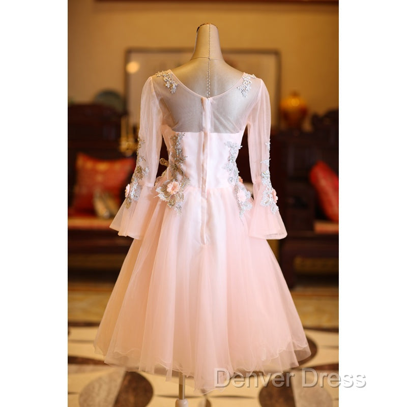 Adorable Pink Tulle Knee Length Long Sleeves Prom Dress, Pink Homecoming Dresses