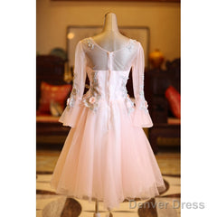 Adorable Pink Tulle Knee Length Long Sleeves Party Dress, Pink Homecoming Dress