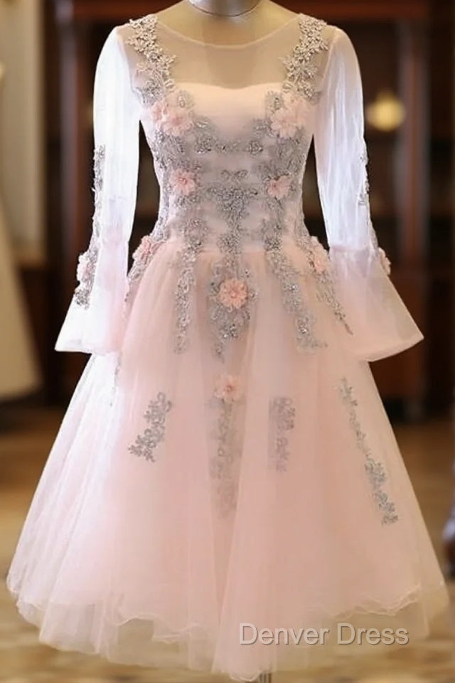 Adorable Pink Tulle Knee Length Long Sleeves Prom Dress, Pink Homecoming Dresses