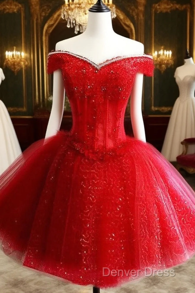Adorable Red Sweetheart Shiny Tulle Off Shoulder Short Homecoming Dress, Red Prom Dresses Main image