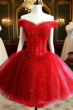 Adorable Red Sweetheart Shiny Tulle Off Shoulder Short Homecoming Dress, Red Prom Dresses