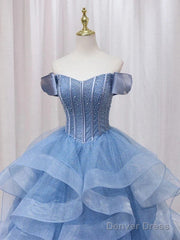 Adult Dress A-Line Blue Sheer Long Ball Dress Blue Sweet Dress Off Shoulder Prom Dresses
