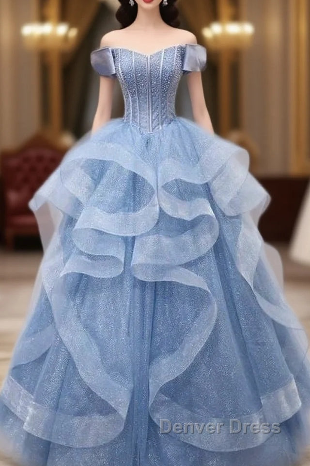 Adult Dresses A-Line Blue Sheer Long Ball Dresses Blue Sweet Dresses Off Shoulder Prom Dresses Main image