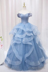 Adult Dress A-Line Blue Sheer Long Ball Dress Blue Sweet Dress Off Shoulder Prom Dresses