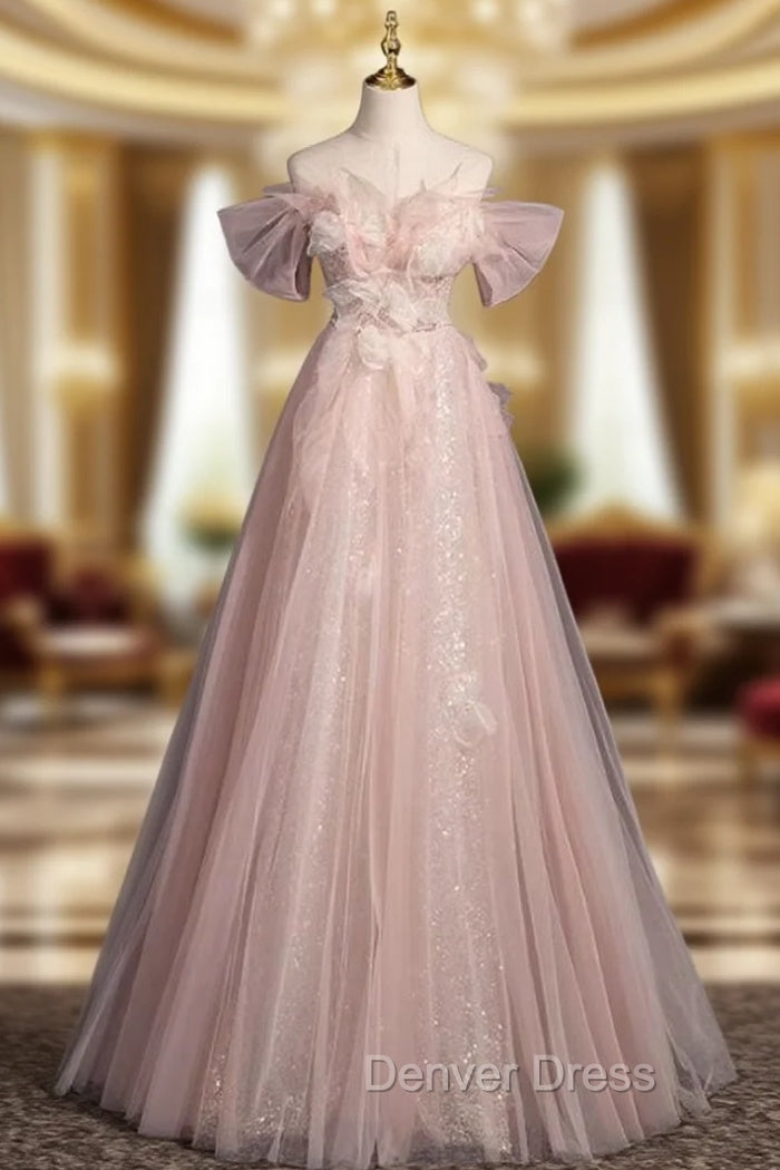 Advanced Pink Tulle Sequins Off the Shoulder Prom Dresses Main image
