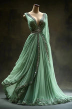 Aesthetic A-Line V Neckline Green Tulle  Long Prom Dresses Sweet Beaded Evening Dresses