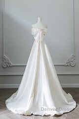 Aesthetic Ball Gown Strapless Ivory Satin Long Wedding Dresses Brides Dresses