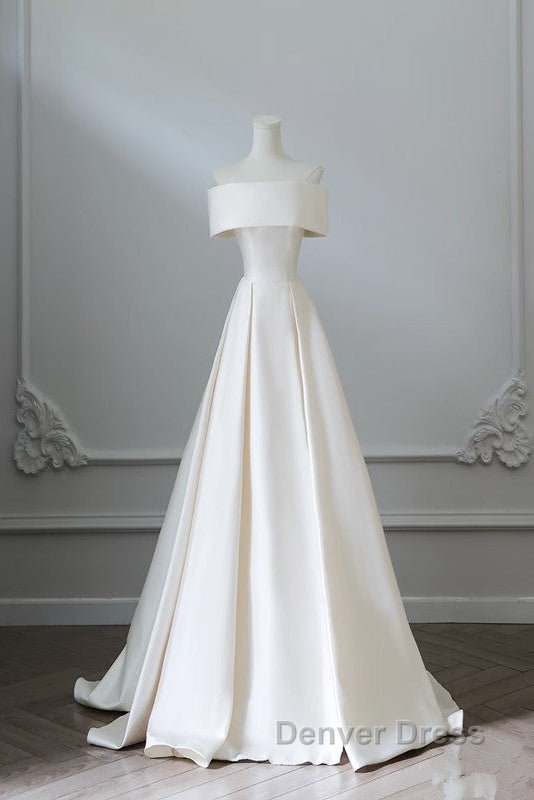Aesthetic Ball Gown Strapless Ivory Satin Long Wedding Dresses Brides Dresses
