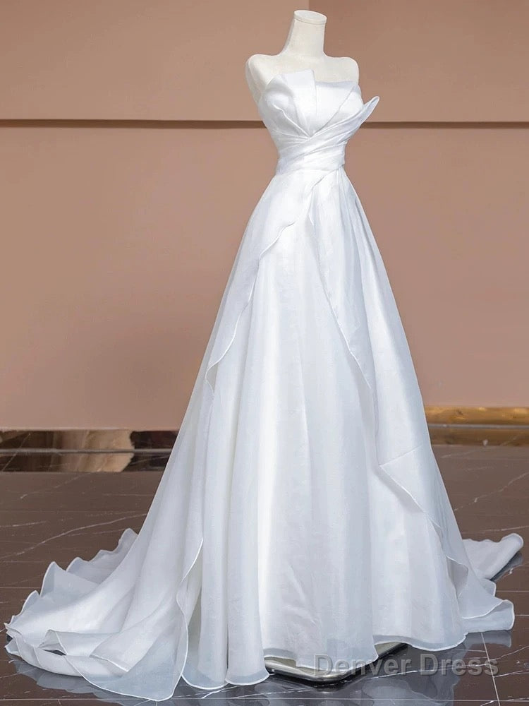 Aesthetic Ball Gown Strapless White Long Wedding Dresses Brides Dress