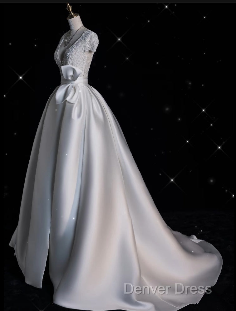Aesthetic Ball Gowns V Neckline Satin White Long Wedding Dress Brides Dresses