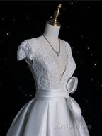 Aesthetic Ball Gowns V Neckline Satin White Long Wedding Dress Brides Dresses