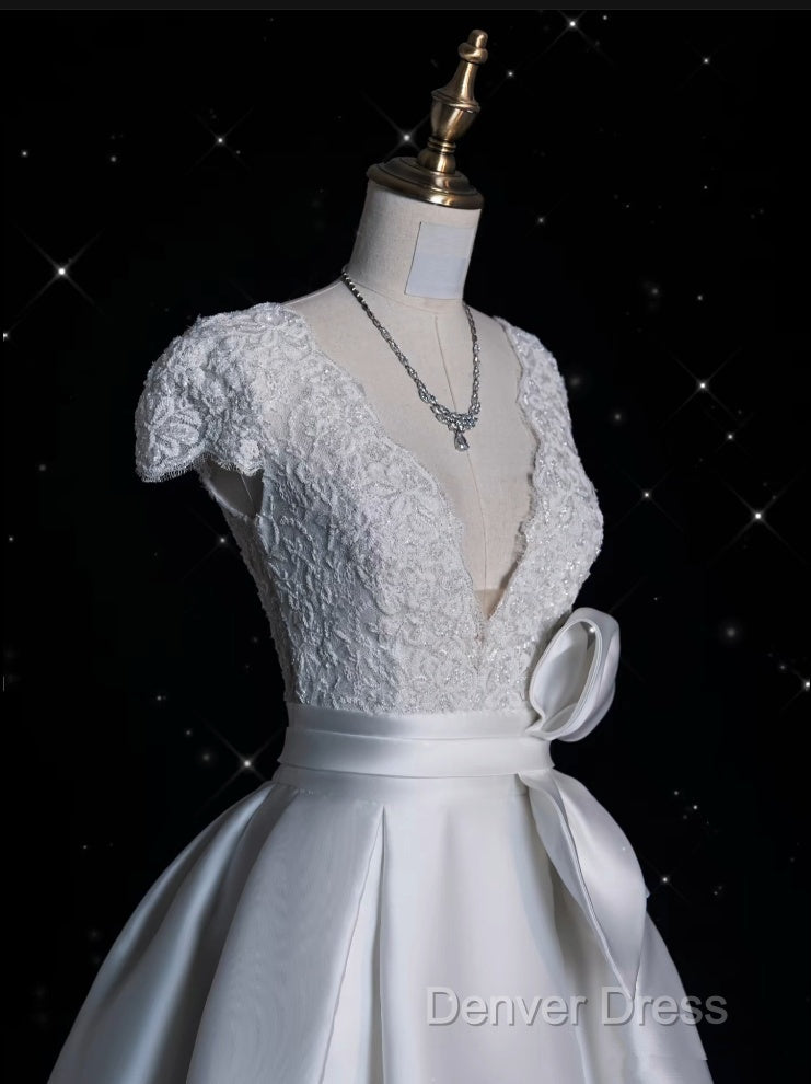 Aesthetic Ball Gowns V Neckline Satin White Long Wedding Dress Brides Dresses