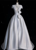 Aesthetic Ball Gown V Neckline Satin White Long Wedding Dresses Brides Dresses