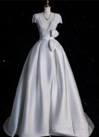 Aesthetic Ball Gowns V Neckline Satin White Long Wedding Dress Brides Dresses