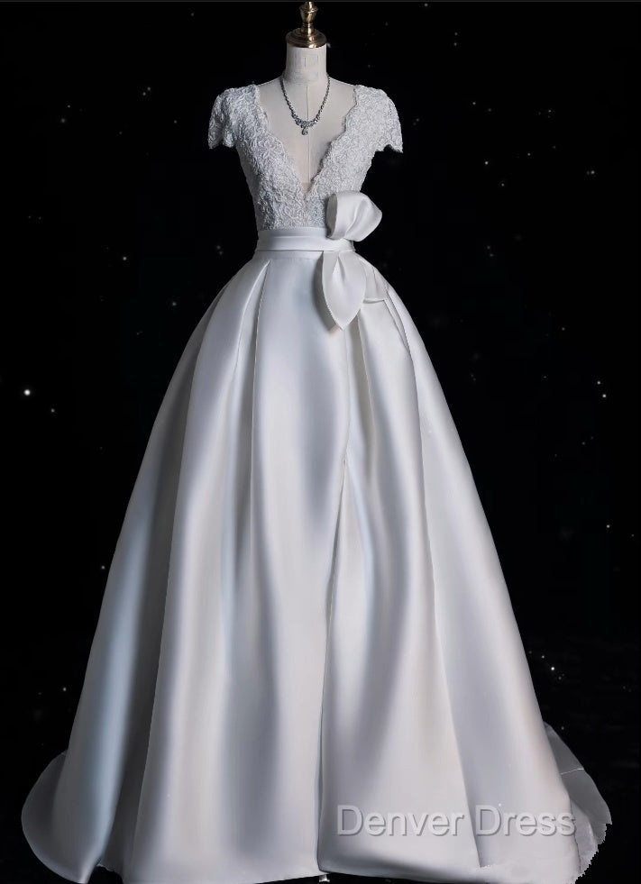 Aesthetic Ball Gowns V Neckline Satin White Long Wedding Dress Brides Dresses