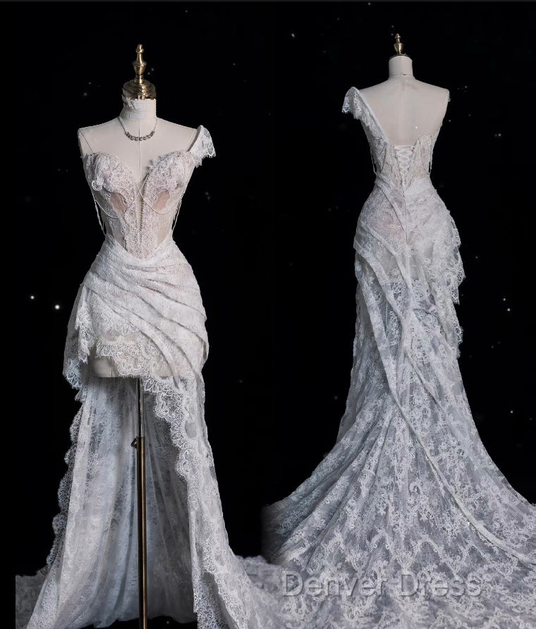 Aesthetic High Low One Shoulder Lace White Long Wedding Dresses Secondary image