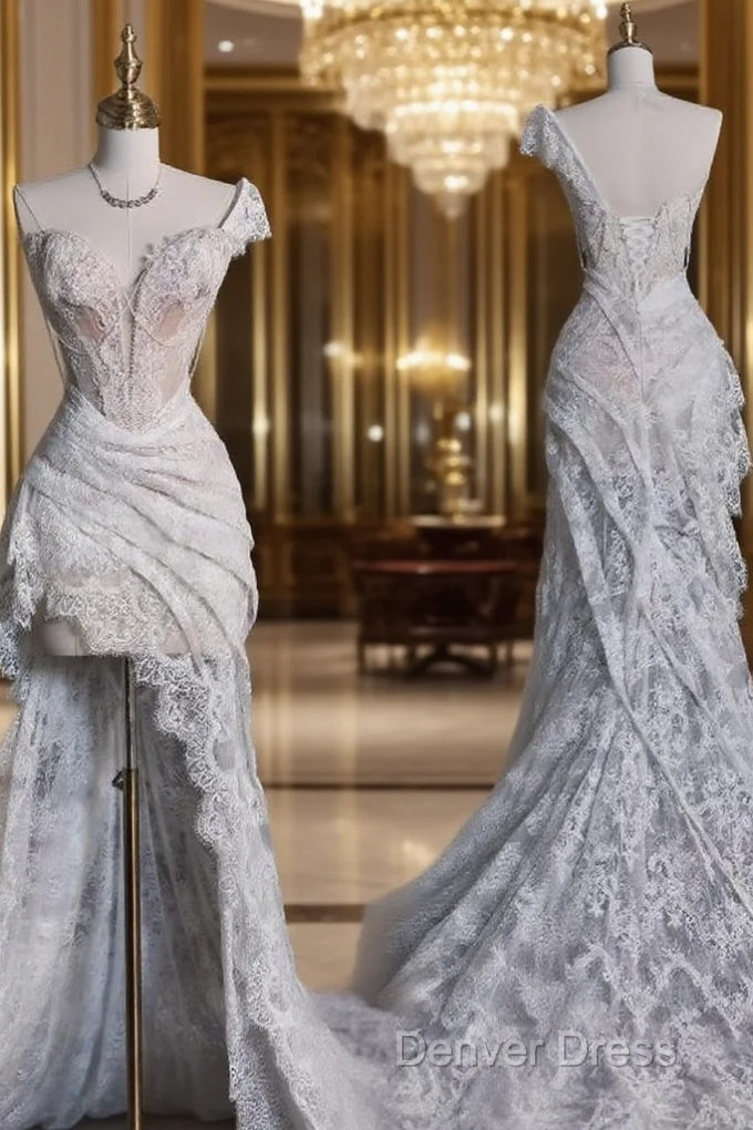 Aesthetic High Low One Shoulder Lace White Long Wedding Dresses