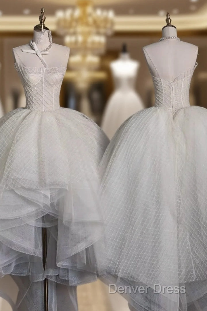 Aesthetic High Low Strapless Tulle White Long Wedding Dresses Main image