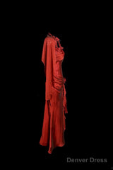 Aesthetic Mermaid Halter Neckline Red Satin Prom Dress Ruffle Long Party Dress