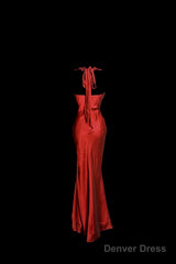 Aesthetic Mermaid Halter Neckline Red Satin Prom Dress Ruffle Long Party Dress