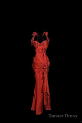 Aesthetic Mermaid Halter Neckline Red Satin Prom Dress Ruffle Long Party Dress