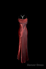 Aesthetic Mermaid Spaghetti Straps Burgundy Prom Dress Ruffle Long Party Dress