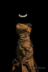 Aesthetic Mermaid Strapless Neckline Brown Taffeta Prom Dress Ruffle Long Party Dress