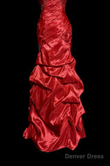 Aesthetic Mermaid Strapless Neckline Red Taffeta Prom Dress Ruffle Long Party Dress