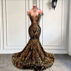 Long Sleeveless Mermaid Prom Dresses with Gold Sequins