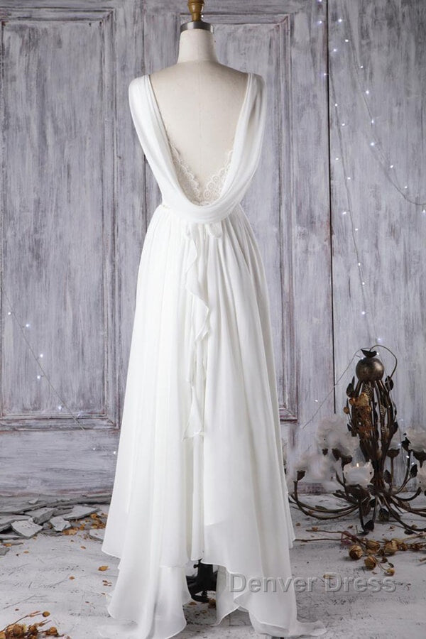 Affordable A-line Asymmetric Lace Chiffon Open Back Wedding Dresses