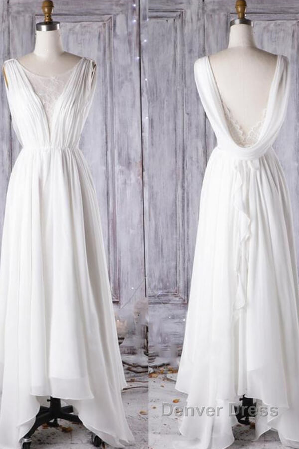 Affordable A-line Asymmetric Lace Chiffon Open Back Wedding Dresses