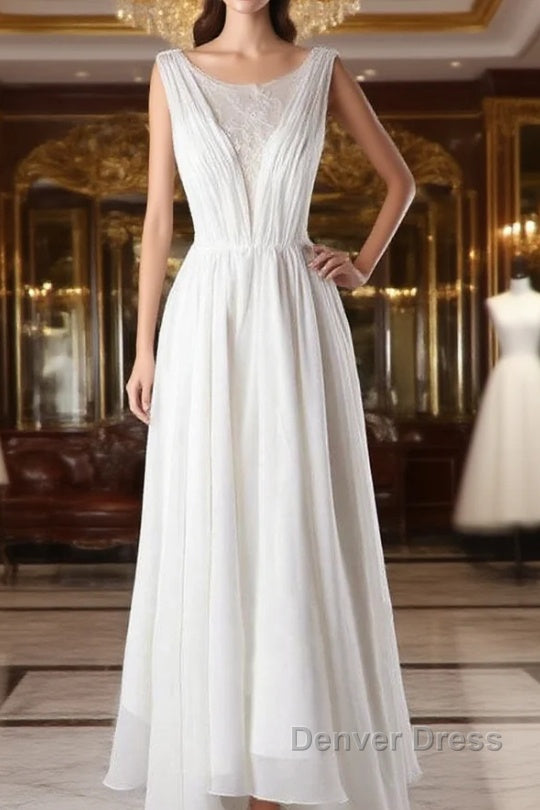 Affordable A-line Asymmetric Lace Chiffon Open Back Wedding Dresses Main image