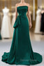 Affordable A-Line Dark Green Satin Strapless Pleats Beading Prom Dresses