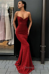 Affordable Sheath Sequins Long Cheap Prom Dresses | Spaghetti Straps Sexy Evening Dresses