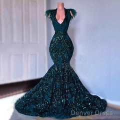 African Black Girls Court Train Feather V Neck Sexy Formal Party Gowns Prom Dress