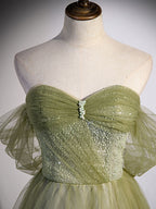 Aline Green Long Prom Dresses, Green Tulle Formal Evening Dresses