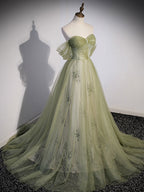 Aline Green Long Prom Dresses, Green Tulle Formal Evening Dresses