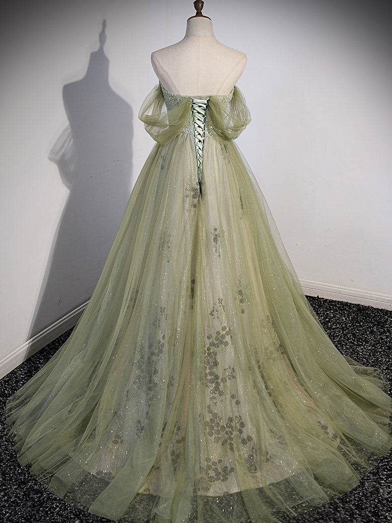 Aline Green Long Prom Dresses, Green Tulle Formal Evening Dresses