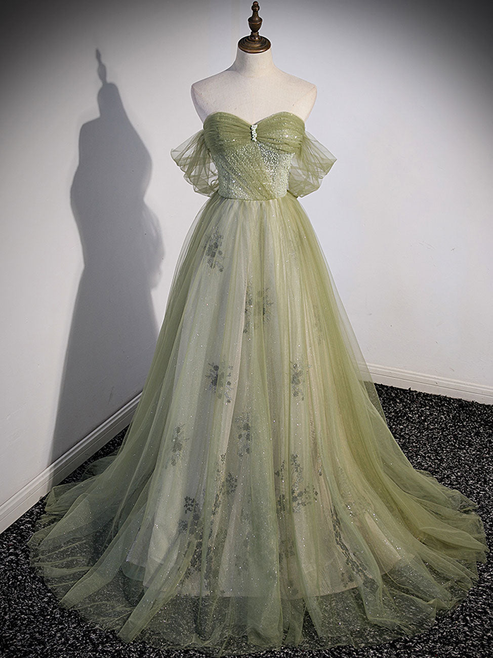Aline Green Long Prom Dresses, Green Tulle Formal Evening Dresses