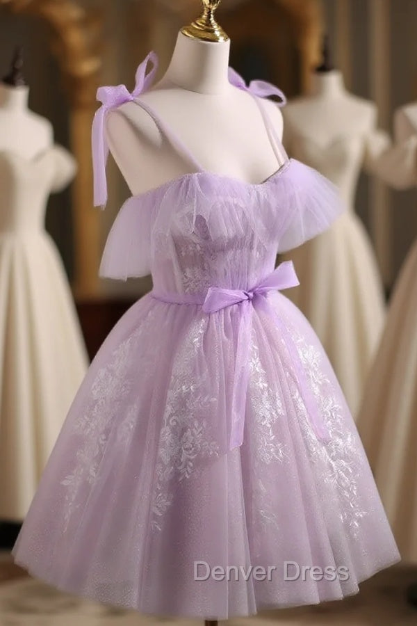 Aline Lace Short Purple Prom Dresses,  Puffy Purple Homecoming Dresses