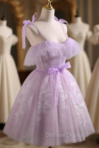 Aline Lace Short Purple Prom Dress, Puffy Purple Homecoming Dresses