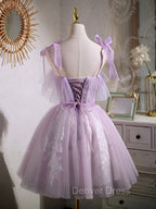 Aline Lace Short Purple Prom Dresses,  Puffy Purple Homecoming Dresses