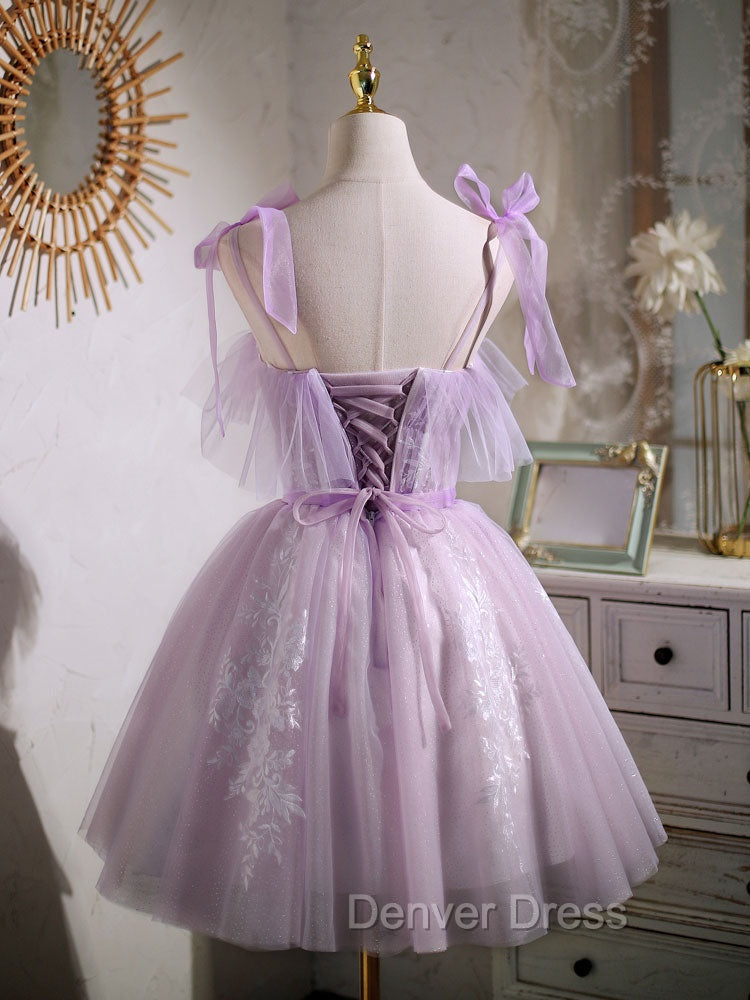 Aline Lace Short Purple Prom Dresses,  Puffy Purple Homecoming Dresses