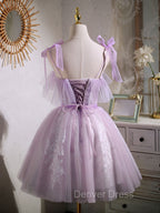 Aline Lace Short Purple Prom Dress, Puffy Purple Homecoming Dresses
