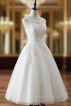 Aline Round Neck Tulle Lace Short White Prom Dresses, White Lace Homecoming Dresses