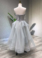 A line Tea Length Gray Prom Dresses, Gray Tulle Homecoming Dresses