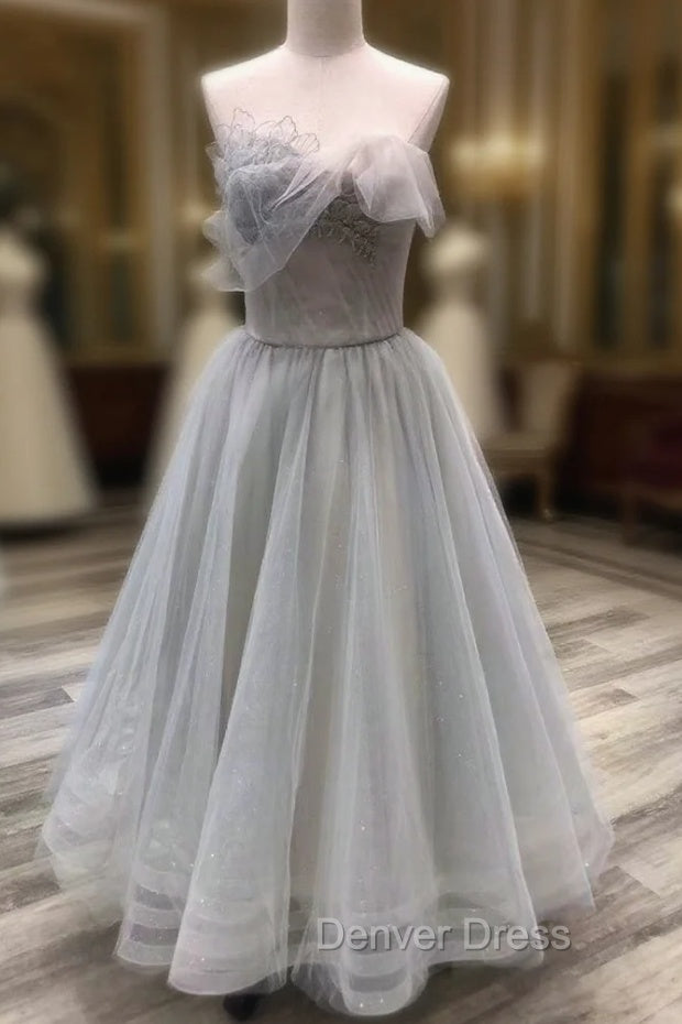 A line Tea Length Gray Prom Dresses, Gray Tulle Homecoming Dresses Main image