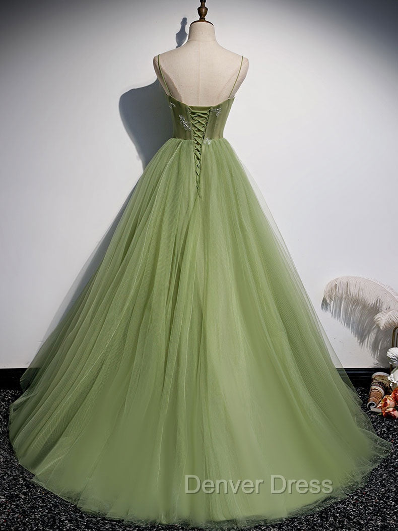 Aline Tulle Green Long Prom Dresses, Green Formal Graduation Dresses with Beading Secondary image