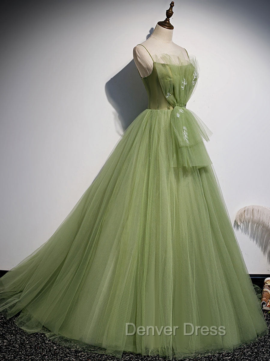 Aline Tulle Green Long Prom Dresses, Green Formal Graduation Dresses with Beading