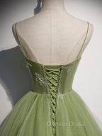 Aline Tulle Green Long Prom Dresses, Green Formal Graduation Dresses with Beading